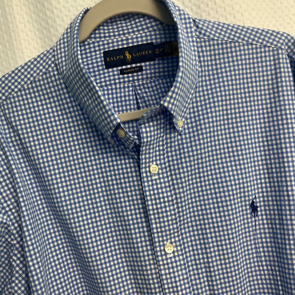 Polo Ralph Lauren Mens XL 17.5 Classic Fit Blue Gingham Button Down Shirt Pony